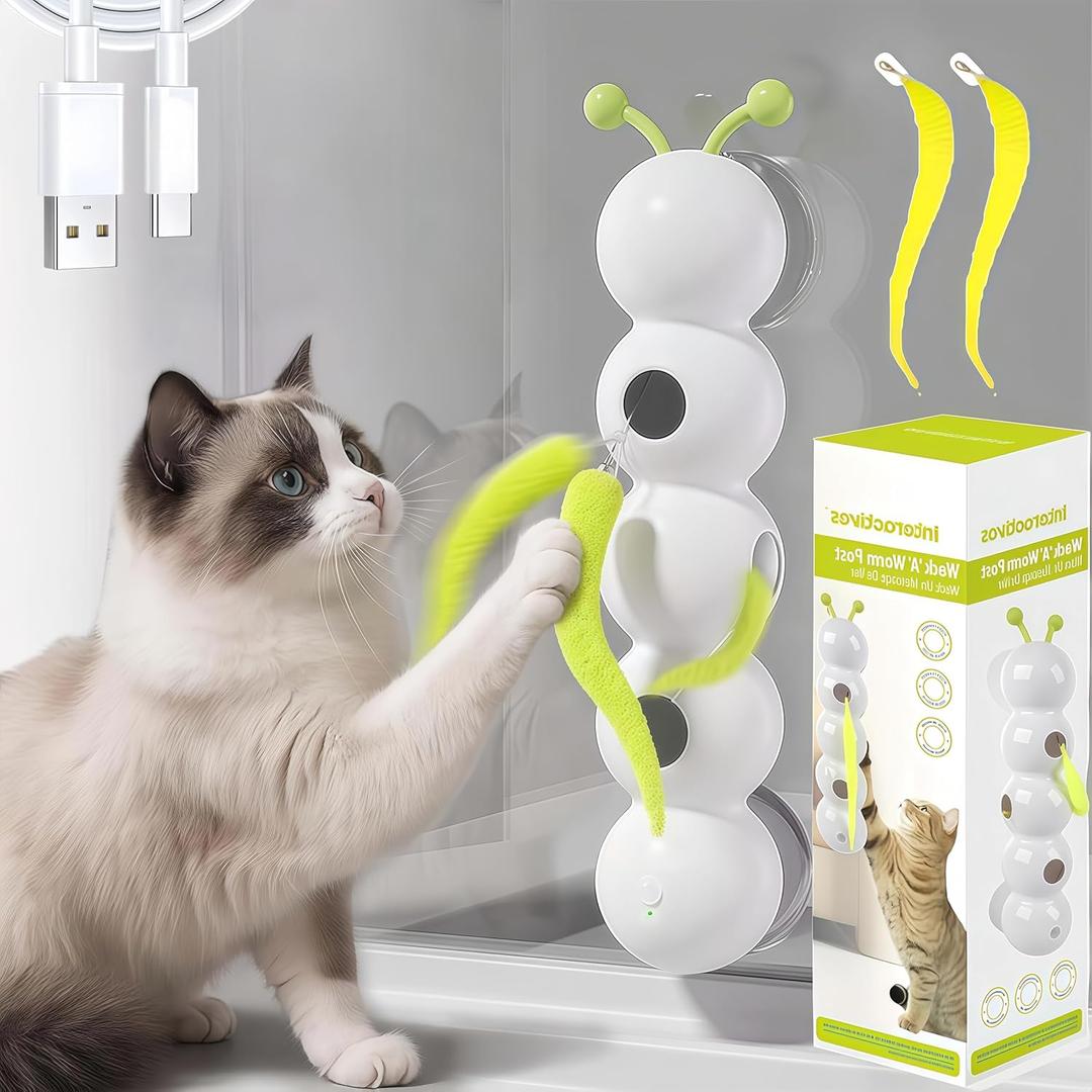 Interactive Cat Feather Toy, Automatic Fluffy Cat Teaser, Whack-a-Mole Cat Toy, USB Rechargeable, Wall-Mounted, with Suction Cup, Perfect for Indoor Cats