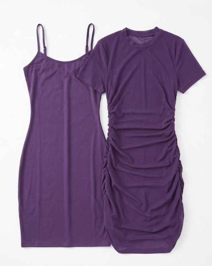 Rooscier Women's Sexy Sheer Mesh Dress 2 Pcs Short Sleeve Ruched Bodycon with Cami Dress Size S