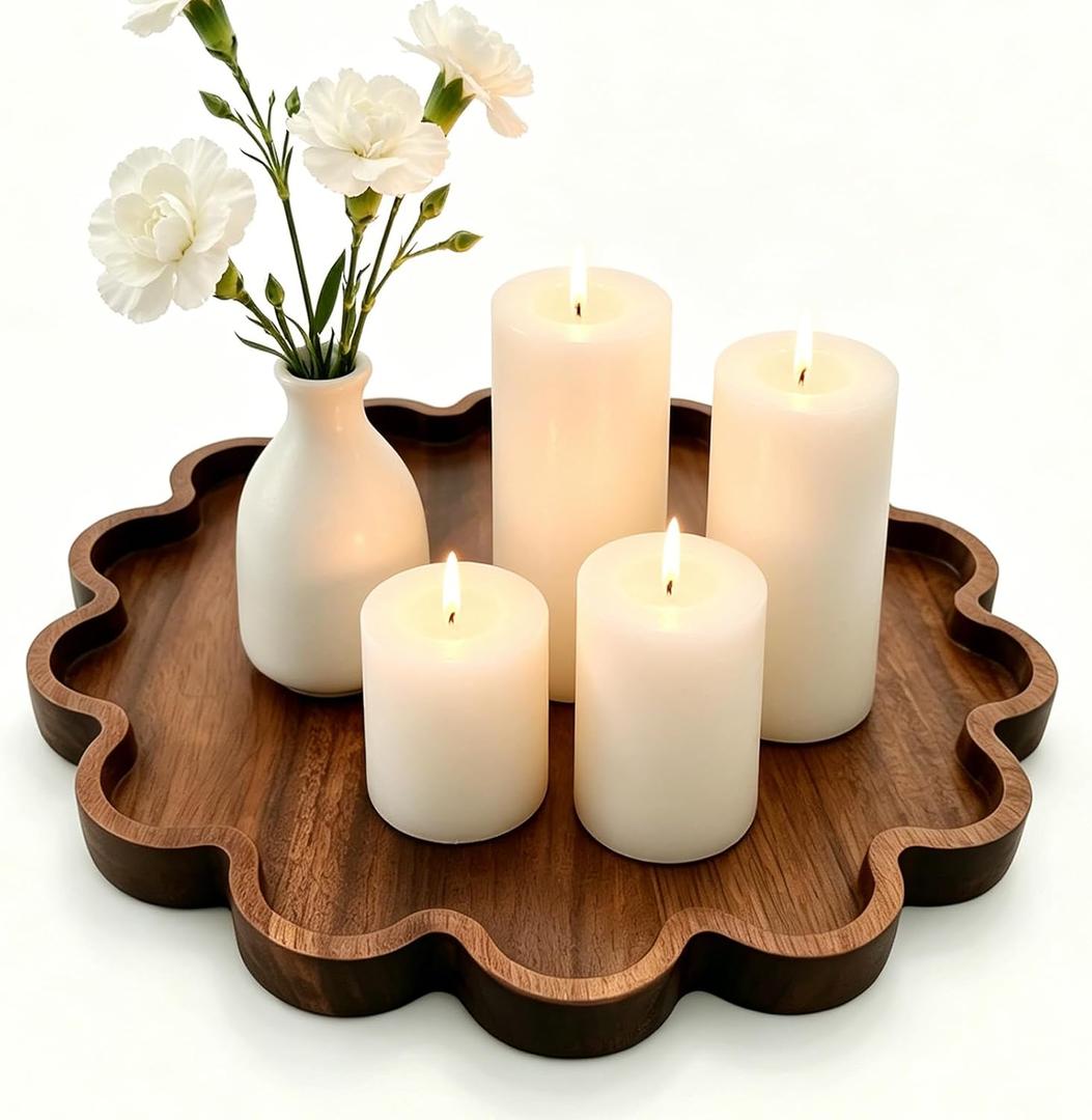 Decorative Serving Tray Wood 12.6 Inch Scalloped Serving Tray Round Wooden Display Plate with Scalloped Borders, Multipurpose Display Plate for Living Room, Bedroom, Entryway, Farmhouse Home Decor