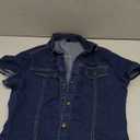 Women's Button Down Denim Blouse Short Sleeve Collared Fitted Jean Jacket Y2K Going Out Top Blue Large
