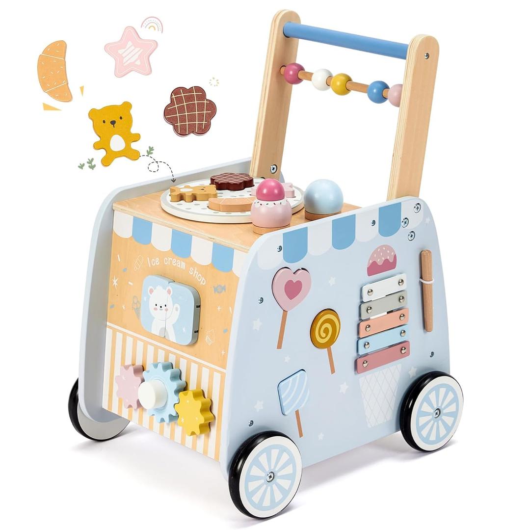 Frogprin Wooden Baby Walker, Multifunctional Ice Cream Cart, Push Walker with Wheels, Montessori Walker Toy with Activity Center, Pretend Playset Ideal for Toddlers, Boys and Girls Ages 12M+
