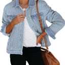 luvamia Jean Jacket Women Trendy Texture Distressed Button Down Long Sleeves Casual Trucker Denim Jackets with Pockets (Blue), S