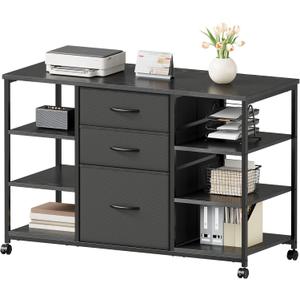 Mobile File Cabinet,Lateral Filing Cabinet with 3 Fabric Drawers,Rolling Printer Stand with 4 Open Storage Shelf for Home Office,Black