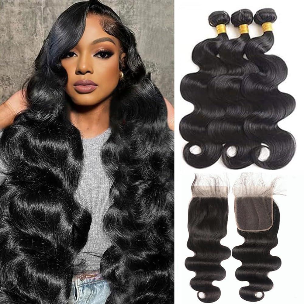 12A Body Wave Bundles Human Hair with Closure(16 18 20+5x5 Lace Closure 14Inch) 100% Brazilian Weave Bundles Human Hair Extensions Natural Color