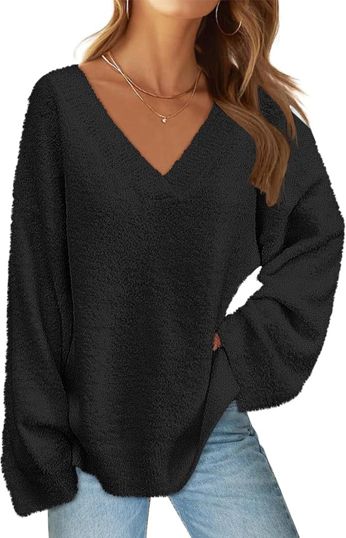 MEROKEETY Sweaters for Women Fall 2026 V Neck Oversized Cozy Chunky Knit Long Sleeve Fuzzy Fleece Pullover Winter Outfits (Large, Black)