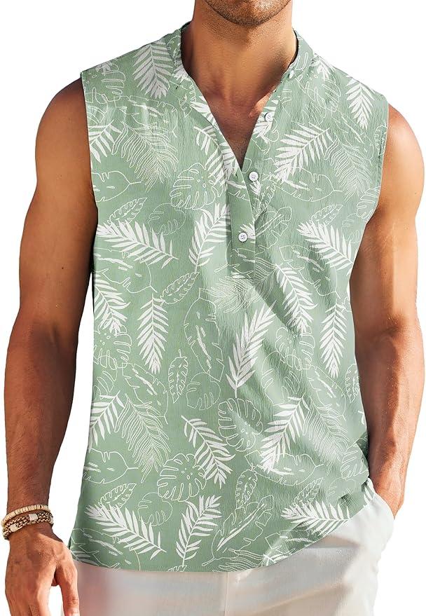COOFANDY Sleeveless Beach Shirts for Men Summer Tank Shirts Casual Henley Tank Top, XL