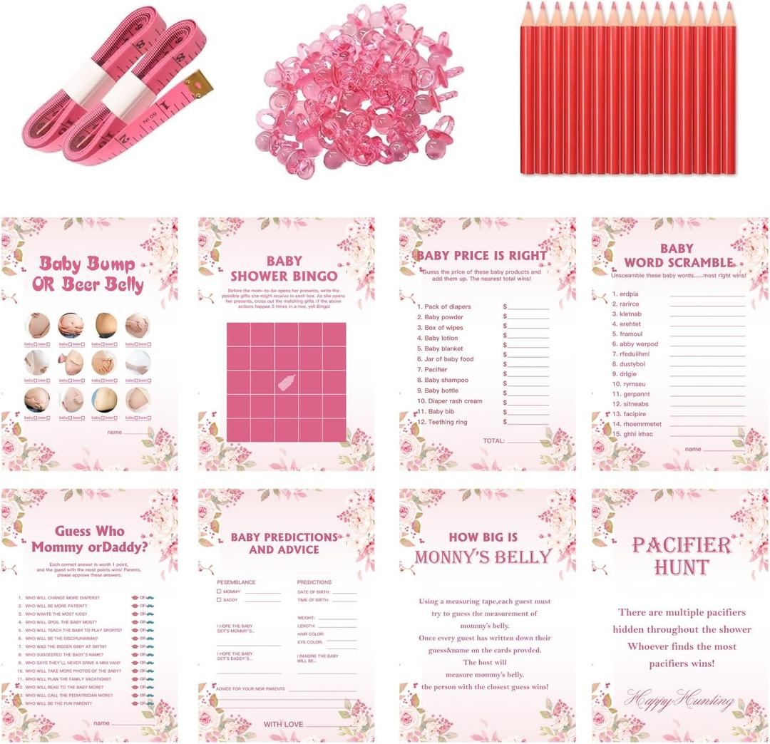 Baby Shower Games for Girl or Boy -240PCS 8Games, Bingo Cards for Guests, Baby Shower Word Scramble etc, Pink