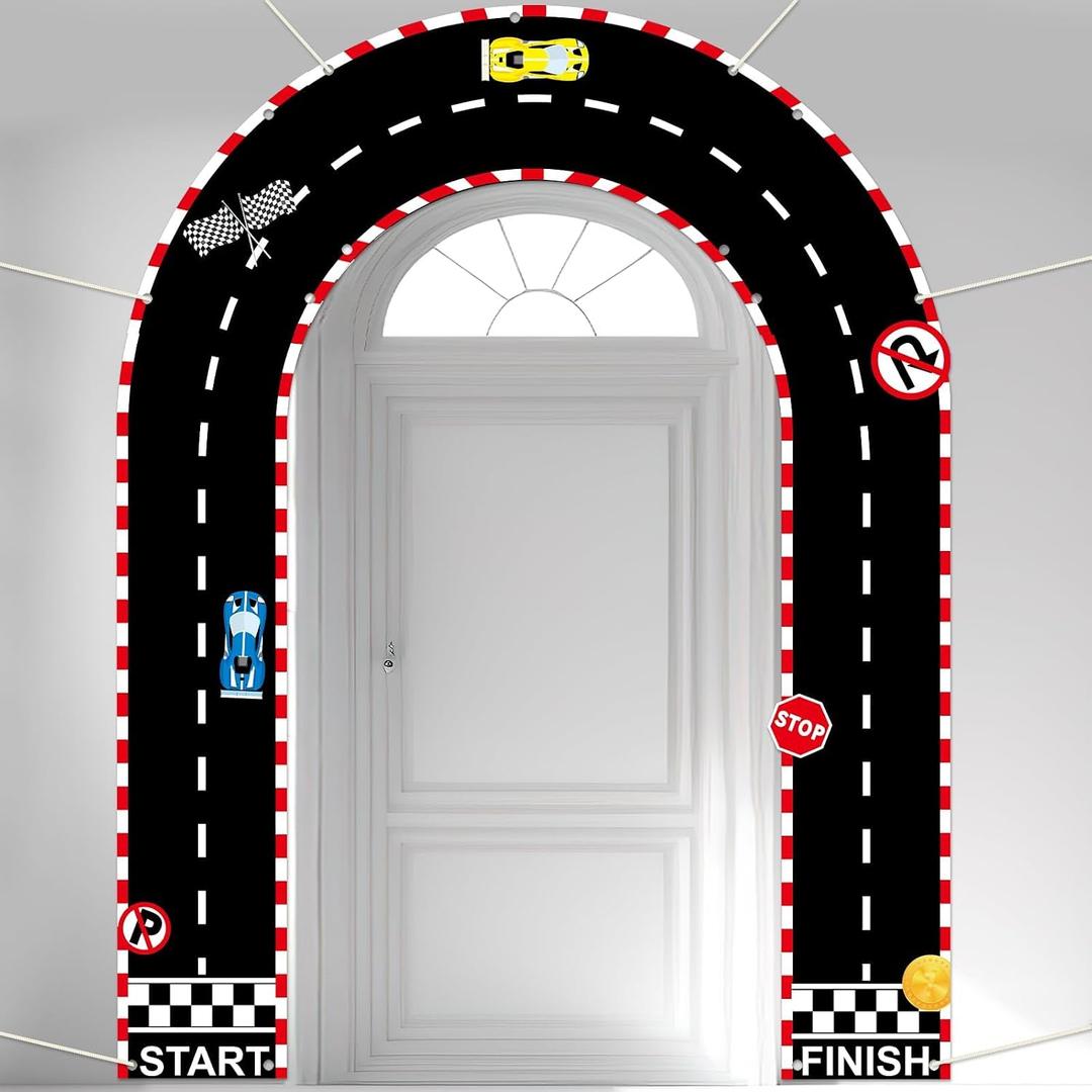3Pcs Race Car Birthday Decorations Fabric Race Track Arched Banner Porch Hanging Racing Car Arch Backdrop Checkered Runway Door Cover for Let's Go Racing Boys Fan Birthday Party Sport Event Supplies