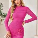 CCTOO Womens Sexy Ruched Bodycon Dress 3D Flower Long Sleeve Half-high Collar Club Party Mini Fitted Dress (XL)