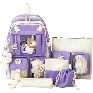 5-Piece Aesthetic Kawaii Backpack Set with Kawaii Pin and Pendants Accessories, Nylon Material | Durable & Adorable (Purple)