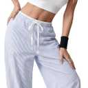OPOIPIN Women's Striped Wide Leg Pants High Waisted Elastic Waist Casual Lounge Trousers with Pockets (Blue)