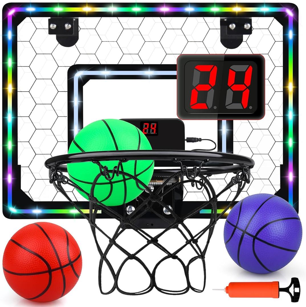 Basketball Hoop Indoor,Mini Hoop with LED Light/Scoreboard, Door Basketball Hoop Basketball Toys Gifts for 5 6 7 8 9 10 11 12 Year Old Boys Girls (Honeycomb Pattern)
