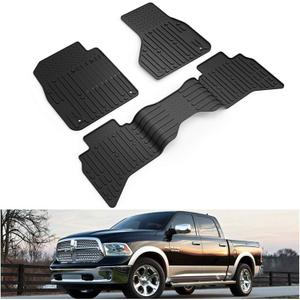 KIWI MASTER Floor Mats for 2009-2018 Dodge Ram 1500 Quad Cab, 2019-2024 Ram 1500 Classic Quad Cab Front & 2nd Row Seat All Weather Mat TPE Slush Liner Black