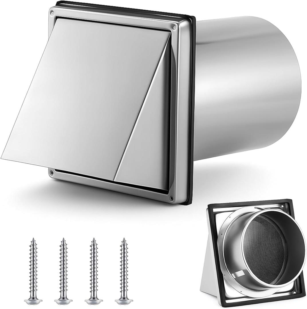 Gisafai 6" Dryer Vent Cover Outside with Stainless Steel Guard Wall Dryer Exhaust Cap and Removable Extended Pipe Vent Shroud Hood Cushioned Non Return Flap with Sealing Gasket Grille(Silver)