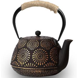 Japanese Tetsubin Cast Iron Teapot, 40oz (1200ml) Enamel-Coated Stovetop Kettle with Stainless Steel Infuser & Heat-Resistant Handle, Traditional Iron Pot for Tea Ceremony (Black Gold)