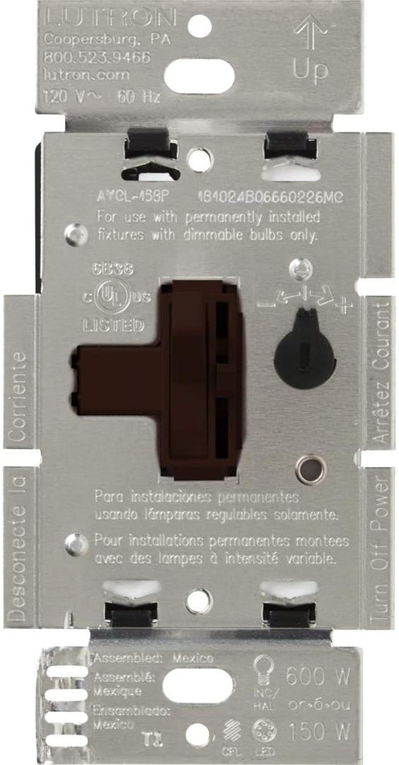 Lutron Ariadni/Toggler LED+ Dimmer Light Switch for Dimmable LED, Halogen and Incandescent Dimmer Switch, 150W, Single-Pole/3-Way, AYCL-153P-BR, Brown
