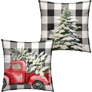 Christmas Pillow Covers 22 x 22 Set of 2 Buffalo Plaid Throw Pillow Cases Christmas Tree Red Truck Cushion Cover Xmas Black and White Check Pillow Cover for Outdoor Couch Patio Decor