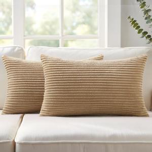 Mecatny Corduroy Summer Decorative Throw Pillow Covers 12x20 Set of 2 for Sofa Living Room, Soft Neutral Boho Couch Pillow Covers for Home Decor, Khaki