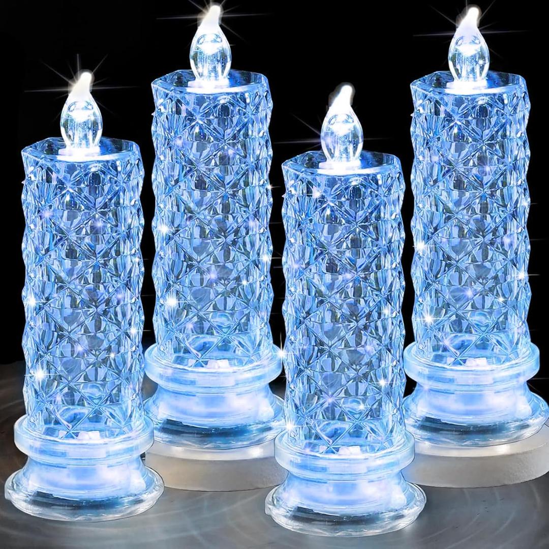 LED Candles, 4Pack Battery Operated Candles with Rose Light Halo, Romantic Flameless Pillar Candles for Valentines Halloween Decorations(Blue, D 2.5" x H 7.2")