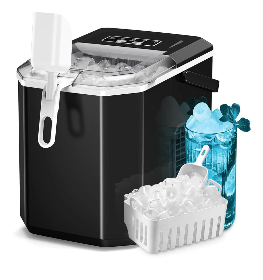 ZAFRO Countertop Ice Maker, 26.5Lbs/24H, 9 Bullet Cubes in 6 Mins, Self-Cleaning Portable Ice Machine with 2 Ice Sizes (S/L), Quiet Compact Design, Double Handles, for Home, Party, RV, Camping, Black