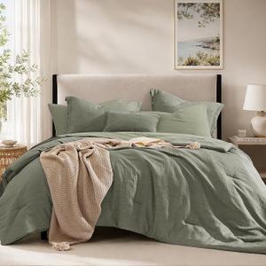 Geniospin Olive Green Queen Comforter Set - 7 Pieces Comforter Queen Size, Solid Bedding Set for All Season, Textured Bed in a Bag with Sheets 