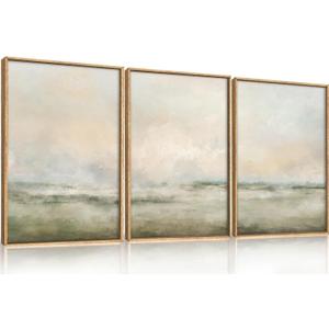 Abstract Beige Green Landscape Framed Canvas Wall Art Set, Watercolor Natural Tan Wall Decor, Minimalist Neutral Modern Scenery Artwork for Living Room, Bedroom,Farmhouse- 24"x36"x3