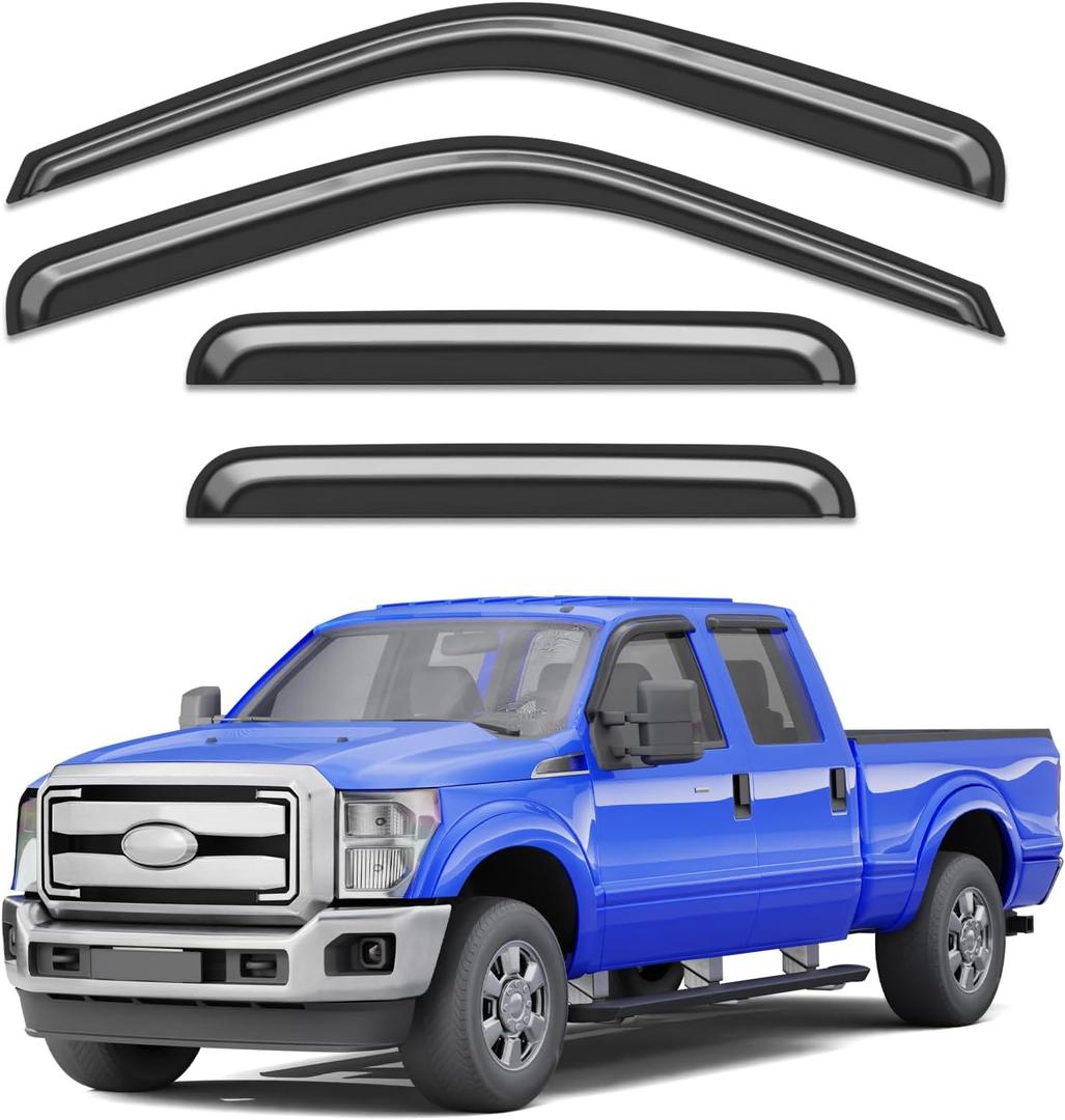 Out-Channel Window Rain Guards for 1999-2016 Ford F250 F350 F450 F550 Super Duty, Tape-on Window Visors Vent, Shades Wind Deflector for 99-16 F-250 F-350 F-450 F-550 SuperCrew Cab