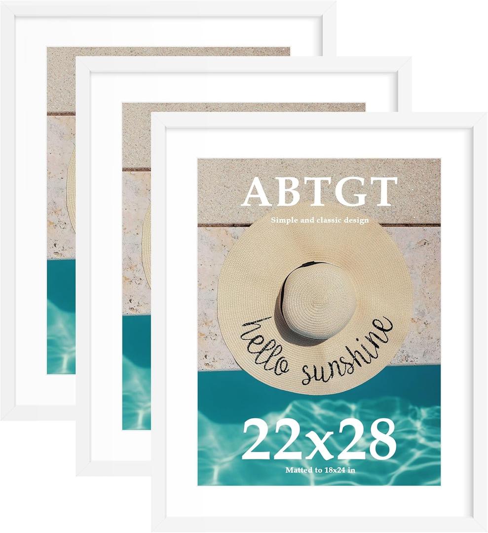 Abtgt 22x28 Picture Frame Set of 3, Display Pictures 18x24 with Mat or 22x28 without Mat, Poster Frame for Wall Mounting Display, White