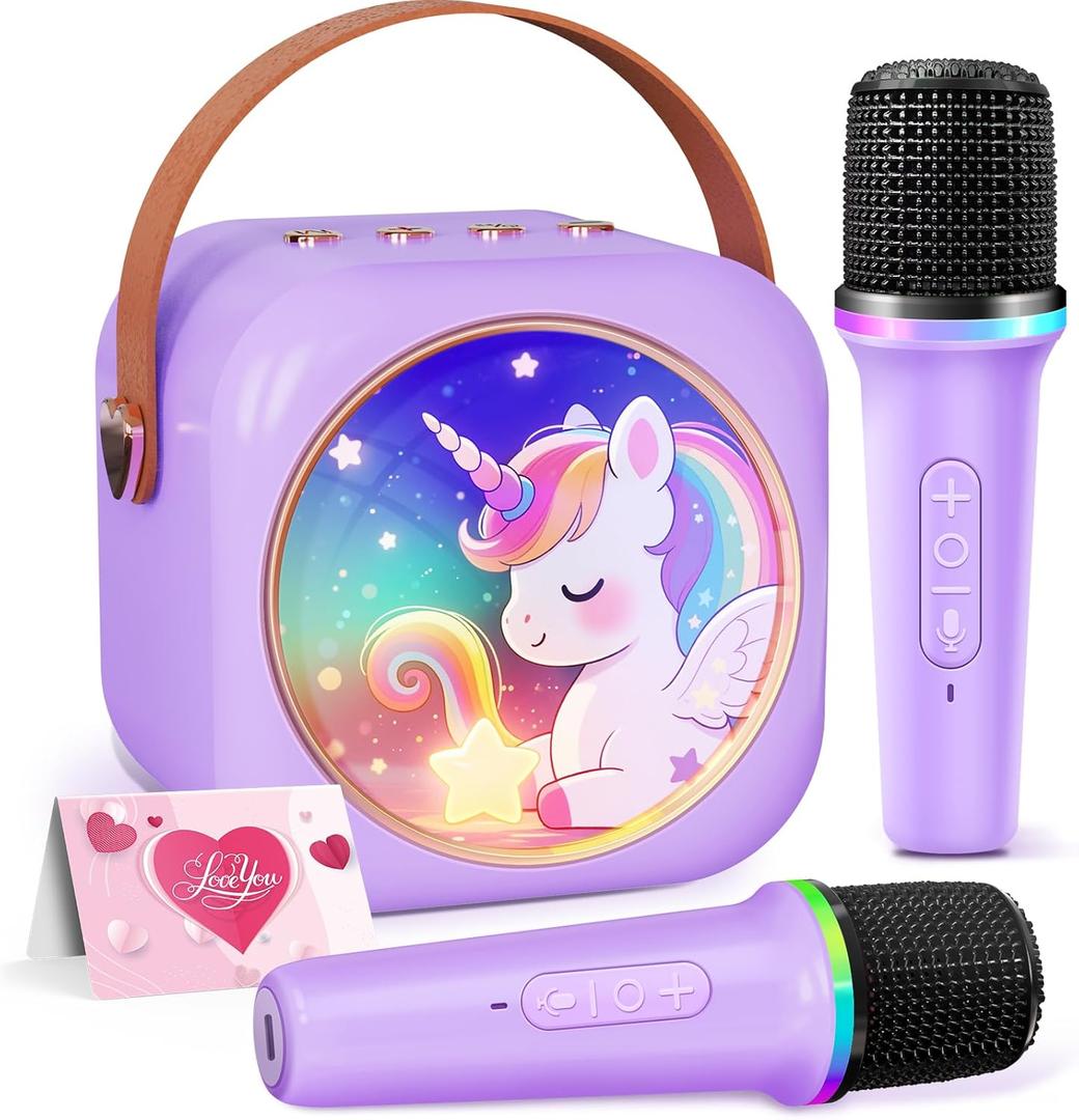 Karaoke Machine for Kids with 2 Wireless Microphones,Girls Speaker with Unicorn Colorful LED Lights,Birthday Gift for 3-12 Years Old,Portable Toys for Home Party (Purple)