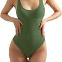 SUUKSESS Women Sexy Scoop Neck Thong Bodysuit Backless Cami Bodysuit Top (Small, Army Green)