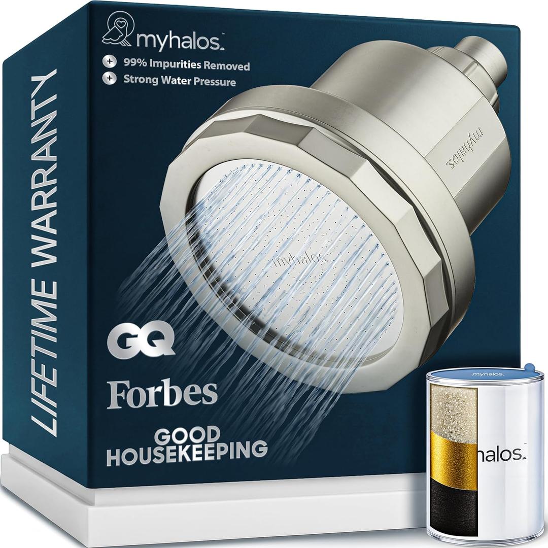 MyHalos Filtered Shower Head for Hard Water Filter - High Pressure, Removes Chlorine - Shower Head Filter for Hard Water Softener Showerhead, Easy Install, For Hair & Skin, Filtering (Brushed Metal)