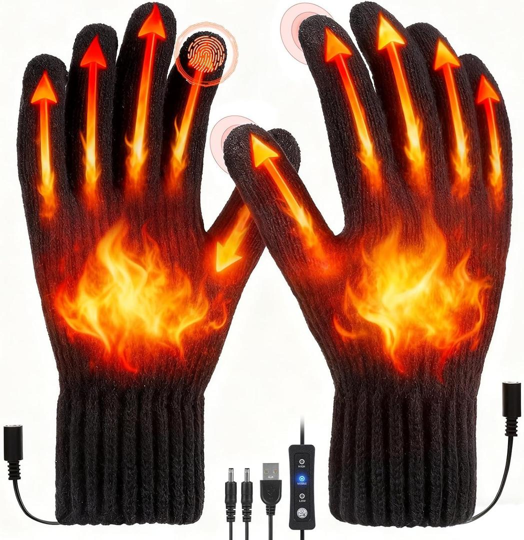 USB Heated Gloves for Women Men, Winter Gloves Full Finger Hand Warmers Gloves 3 Levels Temperature Adjustable Fast Heating Electric Heated Gloves for Outdoor Skiing Cycling Golf Hiking (Black)