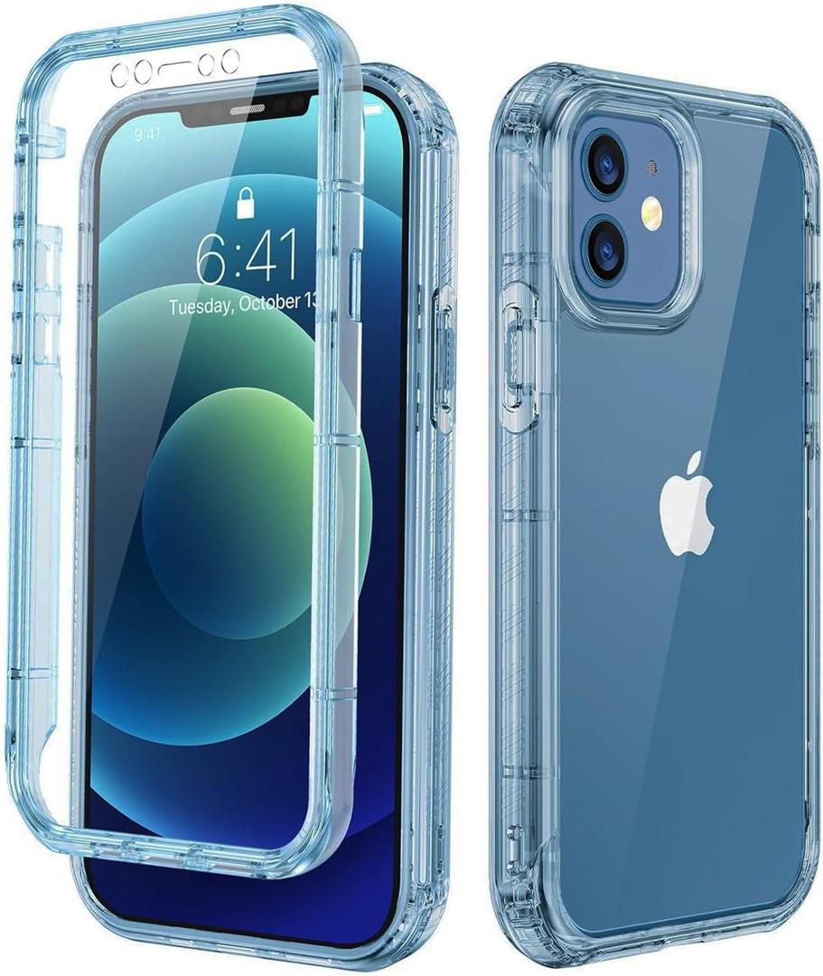 Lifedance New for iPhone 12/12 Pro Case, Full-Body Rugged Protective Case with Built-in Screen Protector, 10 FT Military Grade Drop Protection Heavy Duty Shockproof Phone Case, Clear Blue