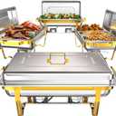 9Qt Chafing Dishes for Buffet 4 Pack [Multiple Size Food Pans] | Chafing Dish Buffet Set [Screw-free Installation] with Stackable Design [Less Storage Space] for Wedding/Party (Gold)