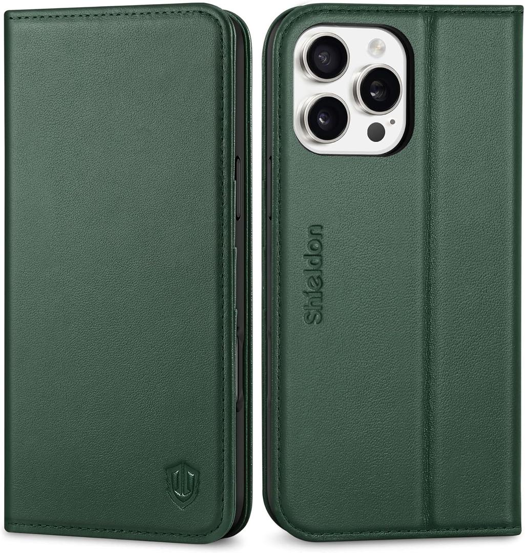 SHIELDON Case Wallet for iPhone 16 Pro Max 5G 2024, Genuine Leather Foldable Kickstand RFID Blocking Card Holder Magnetic Shock-Absorbent Cover Compatible with iPhone 16 Pro Max 6.9" - Evergreen