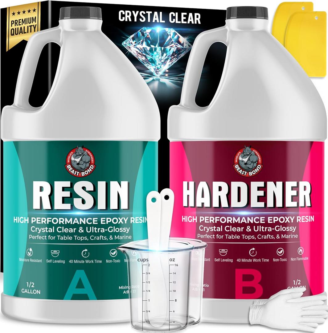 Beast Bond Epoxy Resin - Ultra-Gloss 1 Gallon Kit, Crystal Clear, Self-Leveling, UV & Impact Resistant Resin Kit for Art, Jewelry, Tables & Countertops, Easy 1:1 Mix, DIY Crafts