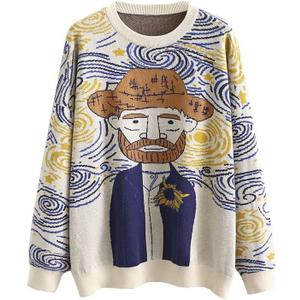 Women's Long Sleeve Crew Neck Sweatshirt Knit Pullover Casual Van Gogh Cartoon Sweater (Beige, XXL)