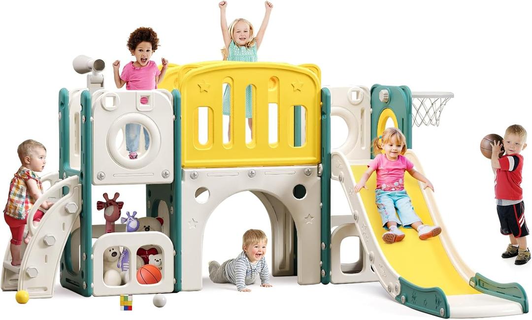 MOCUTEEN 8-in-1 Toddler Climber and Slide Playset with Basketball Hoop - Indoor/Outdoor Playground Gym Activity Center for Kids