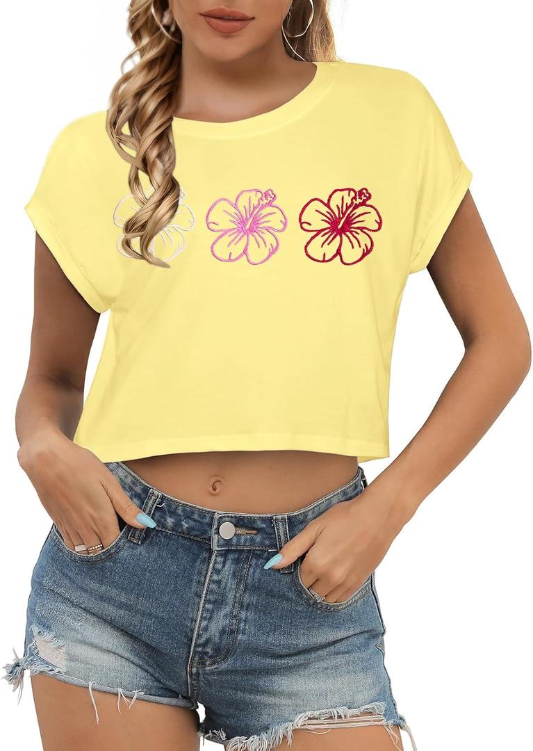 Hawaiian Shirts for Women Cropped Hawaii Trip T-Shirts Floral Graphic Beach Tees Tropical Summer Vacation Tops (XX-Large)