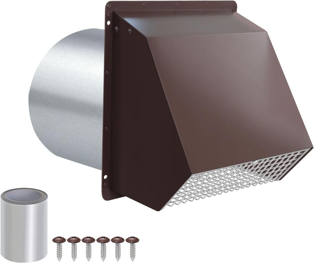 4 Inch Dryer Vent Cover Outside Hooded Wall Vent with Screen and Damper, Exhaust Vent Wall Mount Exterior Wall Vents Cover Cap for Dryer Ventilation&Outdoor Air Exhaust,Galvanized Steel,Brown