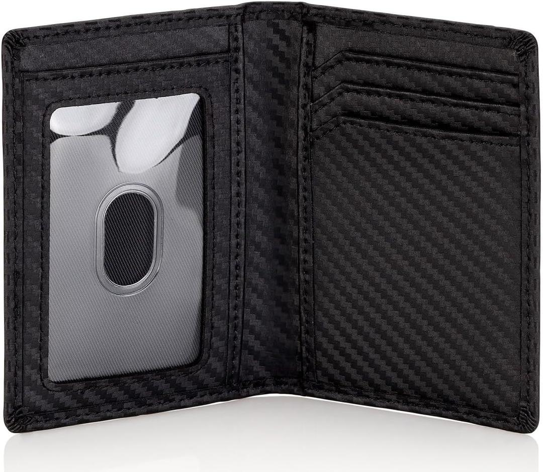Stealth Mode Men's Slim Front Pocket Wallet - RFID Blocking, Thin Minimalist Design, Genuine Leather - ID Badge Window and 5 Sleeves for Money, Credit Cards, Driver License (Carbon Fiber Leather)