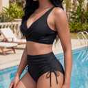 Women's High Waisted Two Piece Swimsuit Twist Front Bikini Sets | Tummy Control, 2 Piece, Push Up, Removable Pads, Wireless, Lace-up Back, Beachwear, Summer Holiday Outfits (Black, S)