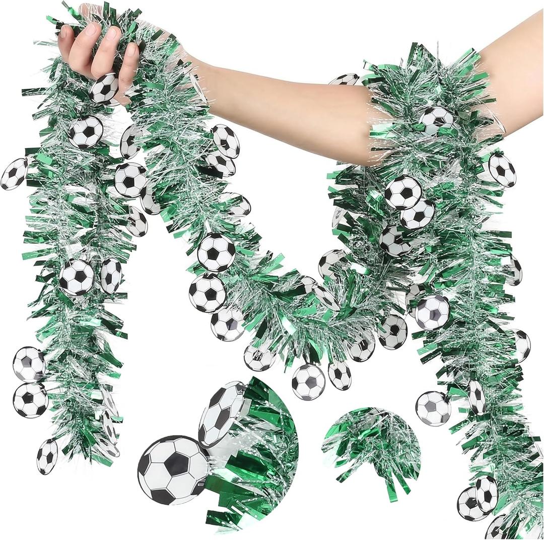 Soccer Tinsel Garland, 52FT Green Silver Artificial PET Garland with Soccer Cutouts, Reusable Hanging Decor for Soccer Party, Banquet, Senior Night, Graduation, Game Day Indoor Outdoor Football Decor