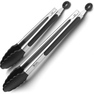 Tribal Cooking Stainless Steel Tongs - 9" and 12" With Silicone Tips, Locking BBQ Tongs (Black)