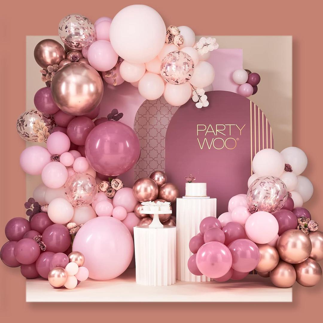 PartyWoo Dusty Rose Balloon Arch Kit, 140 pcs Pink Balloon Garland Kit, Rose Gold Balloons, Metallic Balloons for Dusty Pink Birthday Decorations Women, Bridal Shower, Wedding, Bachelorette Party (Pink-1268)