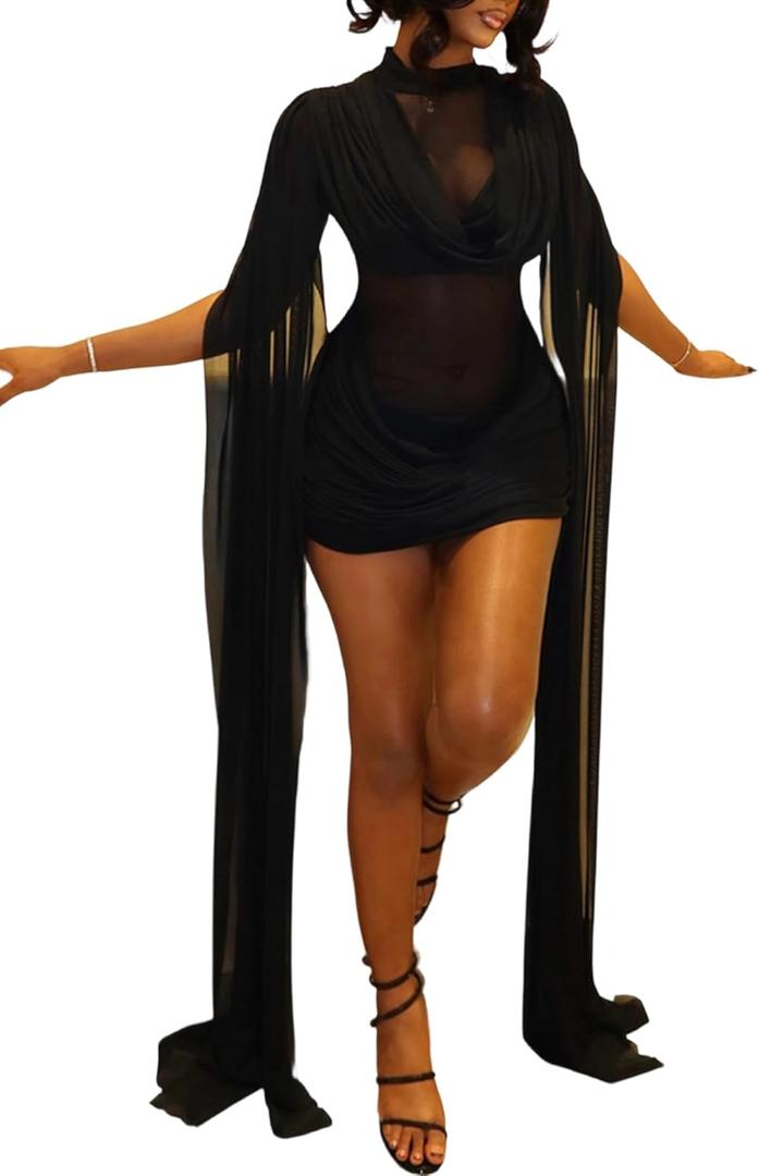 Geulis Womens Sexy Mesh Mini Cocktail Dresses Sheer Cloak Sleeves Mock Neck Ruched Bodycon Wedding Guest Dress Party Club, Black S