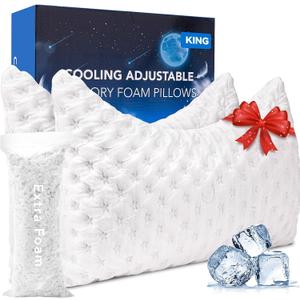 Cooling Side Sleeper Pillow for Neck and Shoulder Pain, Luxury Shredded Memory Foam Curved Bed Pillows for Sleeping Set of 2- Adjustable King Size- Washable Cover Crescent White