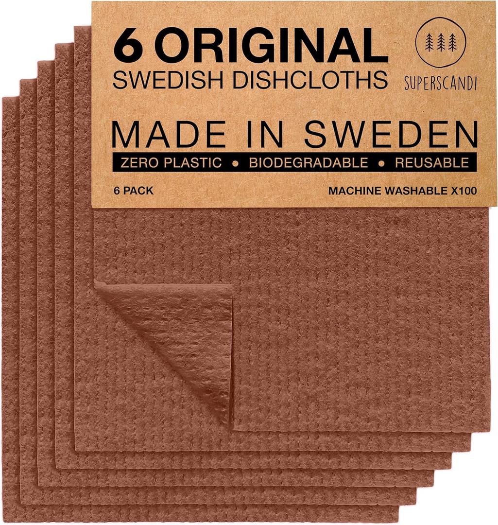 SUPERSCANDI 6 Pack Swedish Dishcloths for Kitchen - 100% Biodegradable & Compostable Reusable Paper Towels Washable, Food-Safe & Without Plastic - Dish Rags Suitable for Any Surface, Brown
