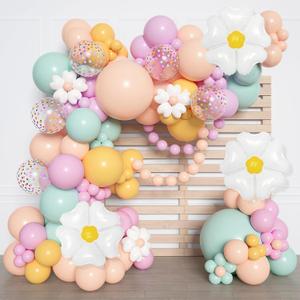 168Pcs Daisy Balloon Arch Garland Kit, Pastel Blue Orange Yellow Purple Confetti Daisy Wild Flower Balloons for Mothers Day Boho Two Groovy One Birthday Floral Girl Baby Shower Spring Party Decoration