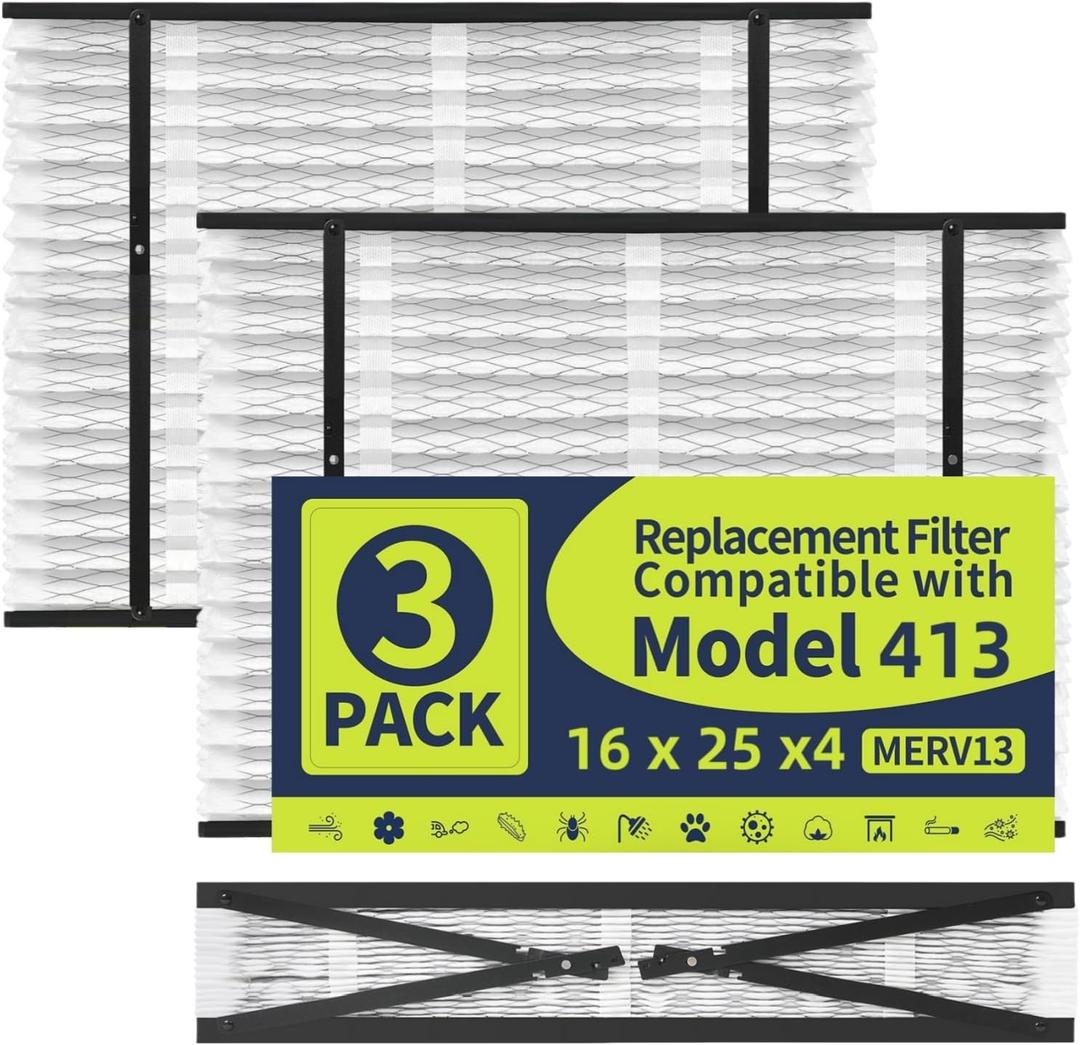 413 Replacement Filter Compatible with AprilAire Whole House Air Purifier 1410, 1610, 2410, 2416, 3410, 4400, MERV 13, 16x25x4 Air Filter, Pack of 3
